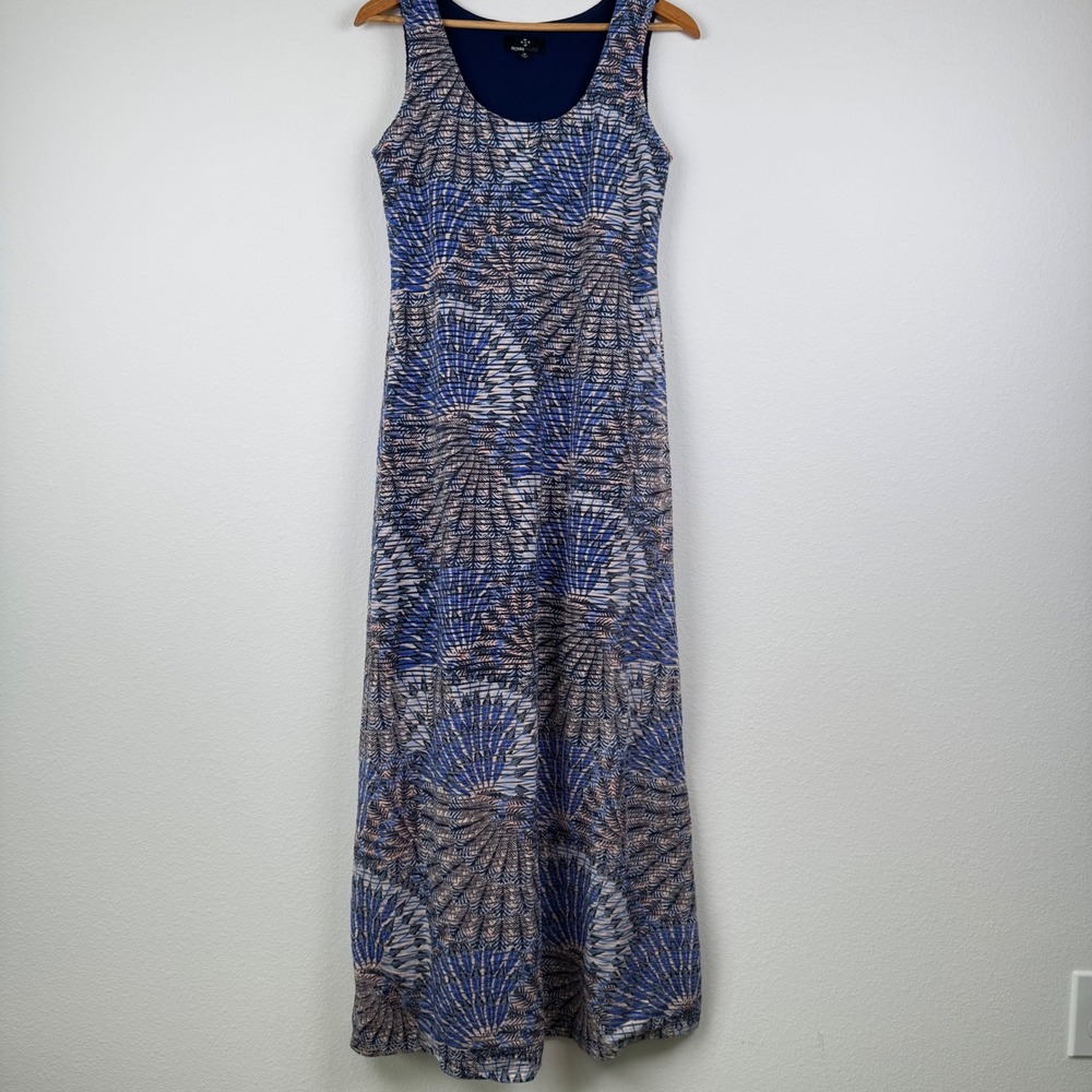 Ronni Nicole Maxi Dress Womens 10 Blue Palm Print Excellent Coastal Casual